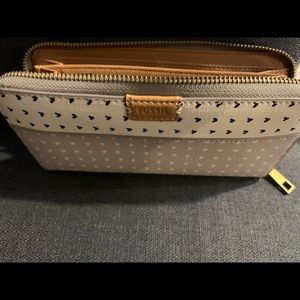 Fossil wallet, leather with white & grey heart design.